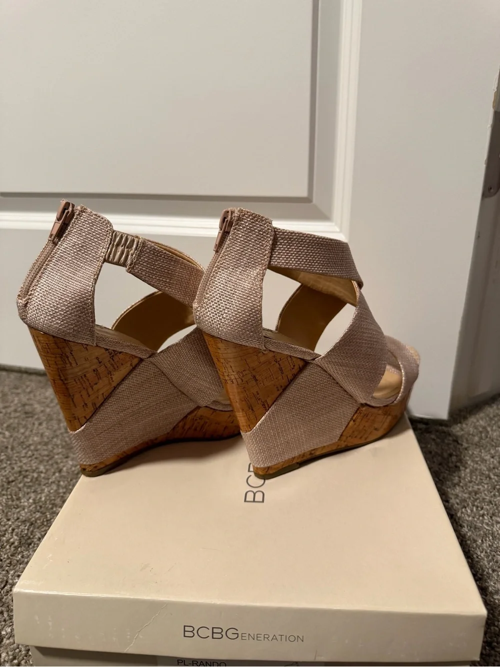 BCBGeneration Rosewood Cross-Strap Raffia Cork Wedge Sandals